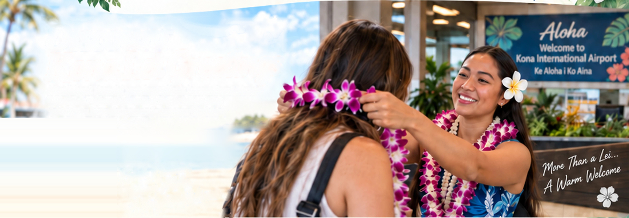 A visitor receiving a purple orchid lei at the airport